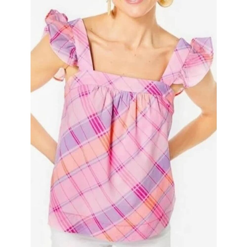Lilly Pulitzer Reyna Square Neck Ruffle Strap Tank Top Madras Plaid Pink XXS
